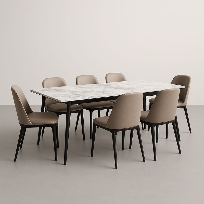 Table à manger en marbre avec 7 chaises en tissu