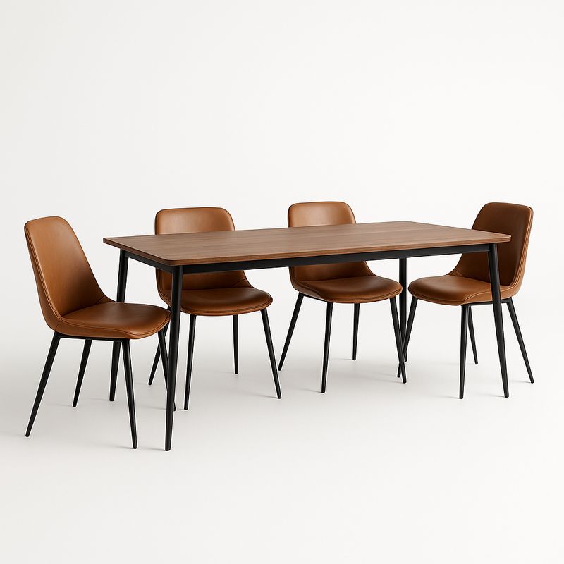 Table à manger en bois avec 4 chaises en similicuir Marron
