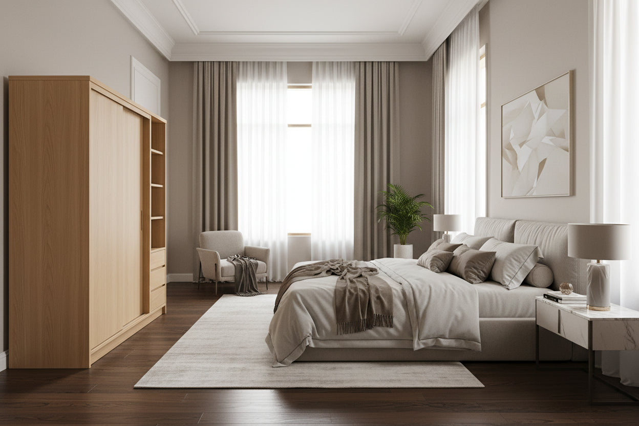 Armoire en bois avec portes coulissantes et étagères intégrées