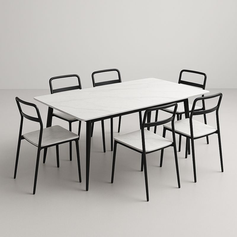 Table rectangulaire avec 6 chaises en métal et plateau effet marbre blanc
