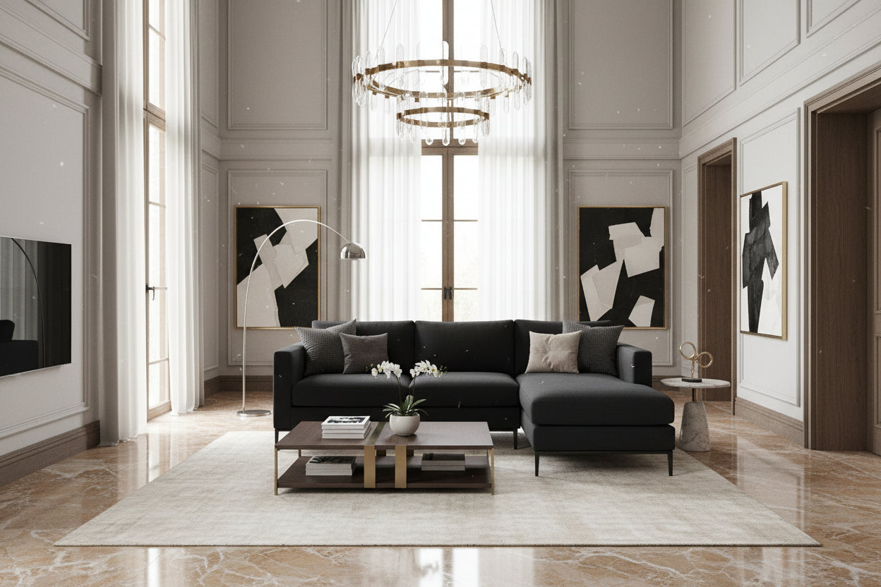 Canapé d'angle en tissu gris foncé avec cadre en métal