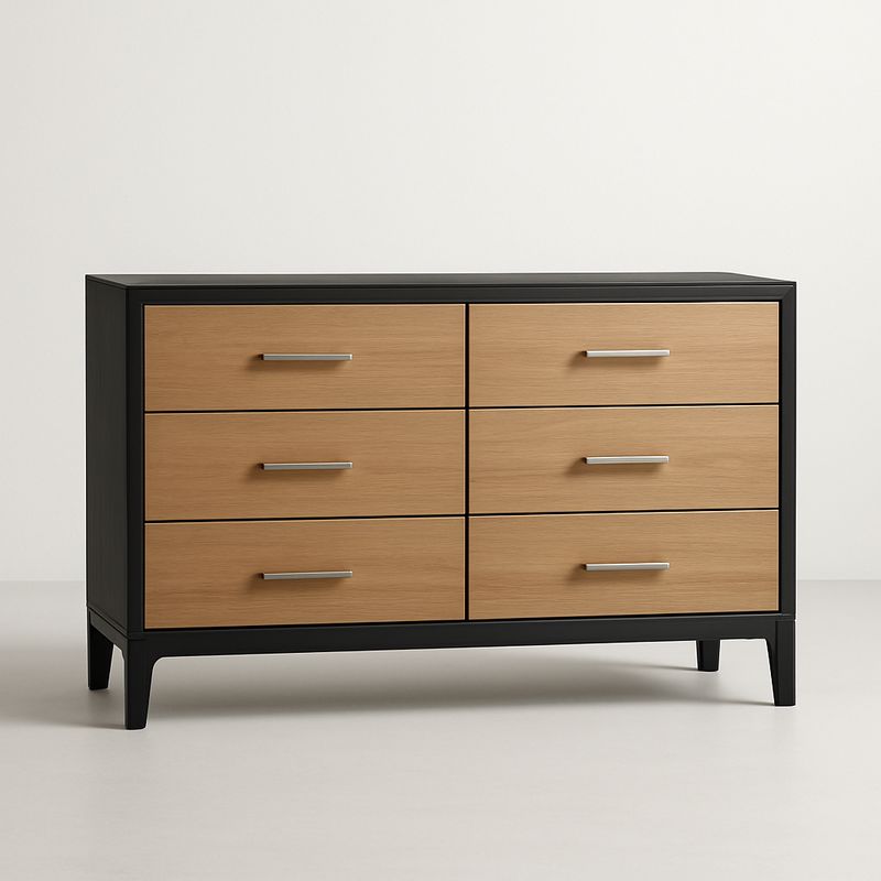 Commode en MDF avec placage chêne et noir, 6 tiroirs, 140 cm