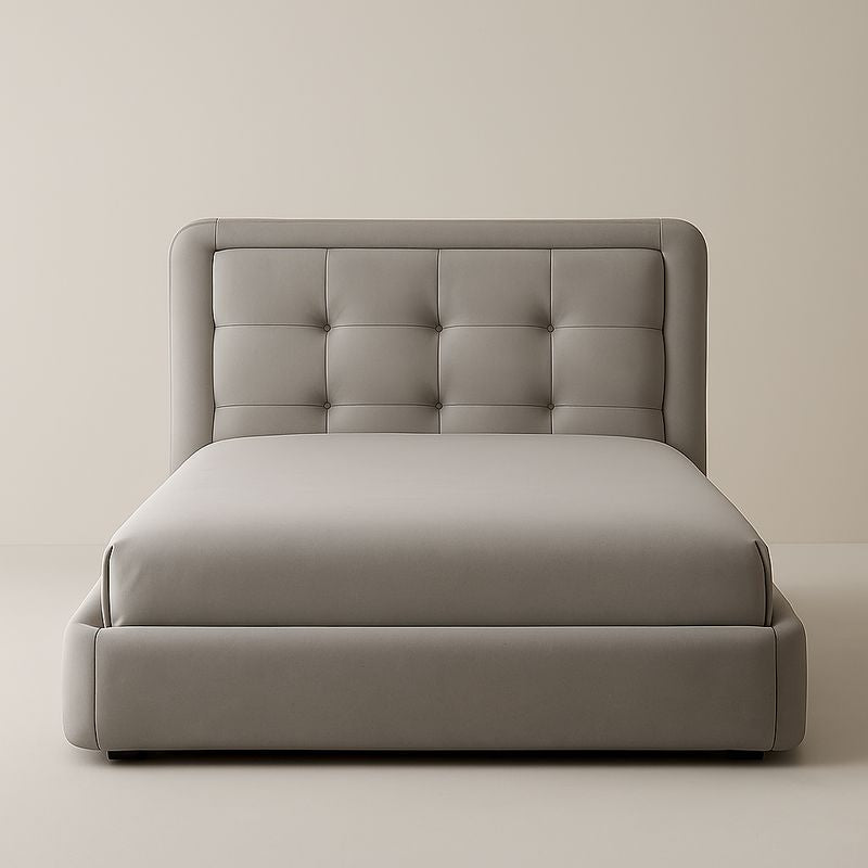 Lit en tissu gris 140x200 cm avec tête de lit matelassée