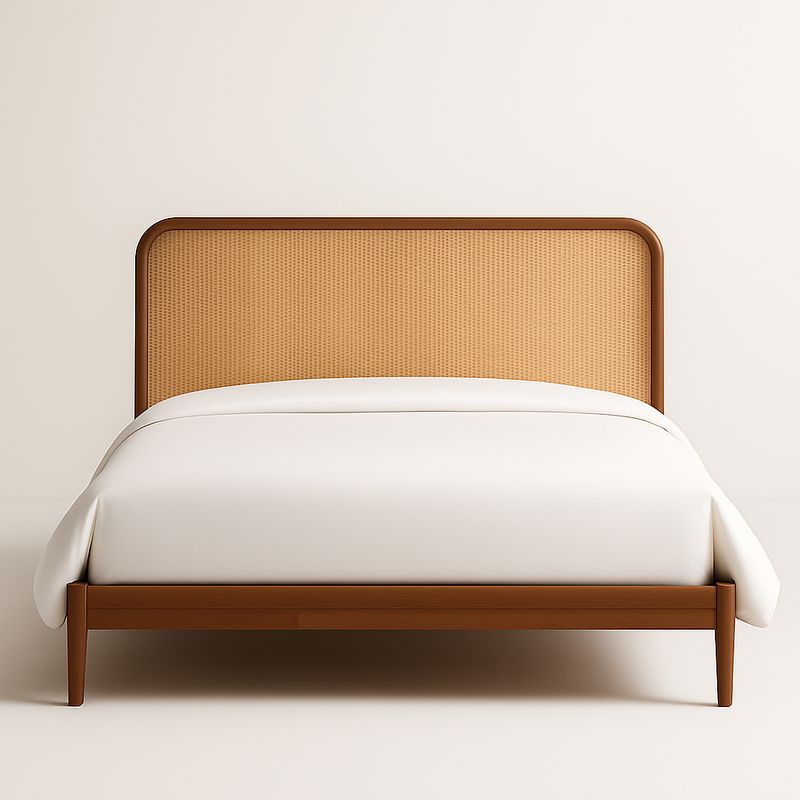 Lit double en bois avec tête de lit en rotin 200x140 cm