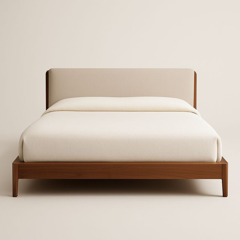 Lit Double en Bois de Noyer avec Tête de Lit Rembourrée