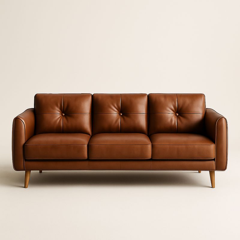 Canapé 3 places en cuir marron avec pieds en bois