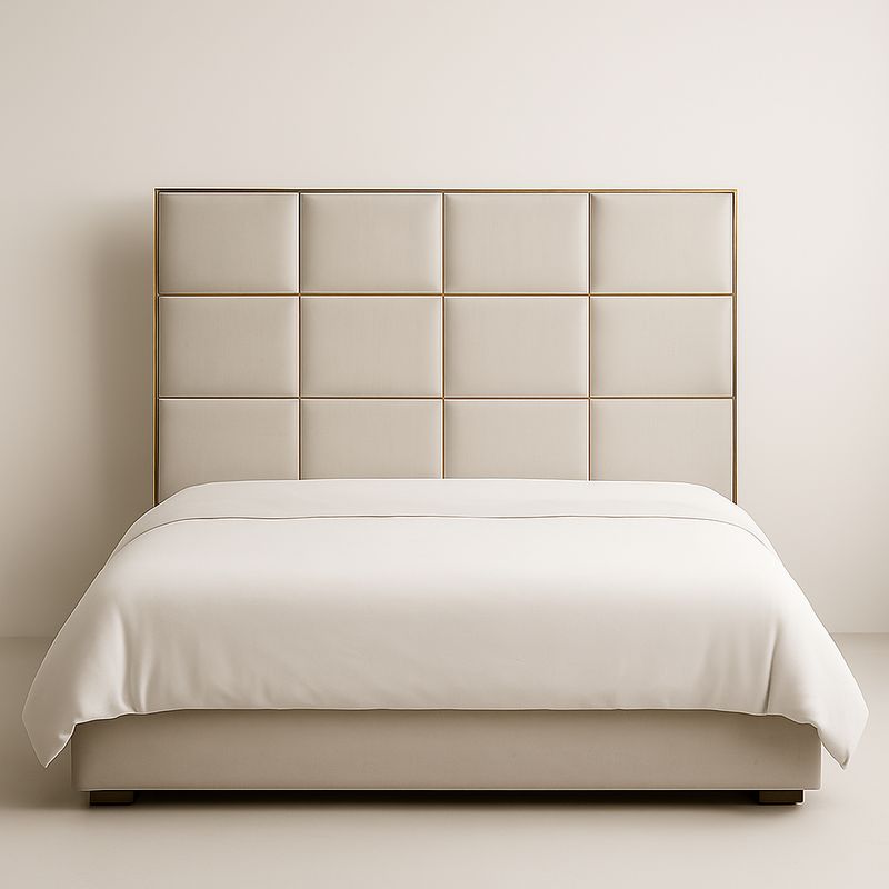 Lit double avec tête de lit rembourrée en tissu Beige