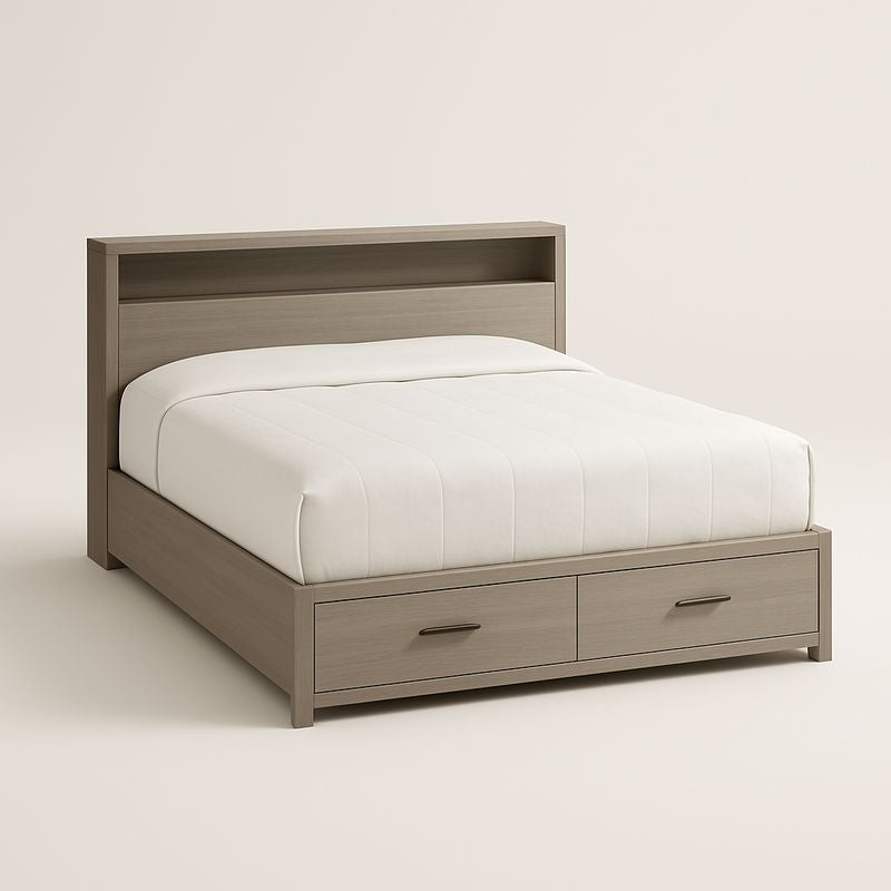 Lit double en bois de chêne avec étagère et tiroirs 200x160 cm