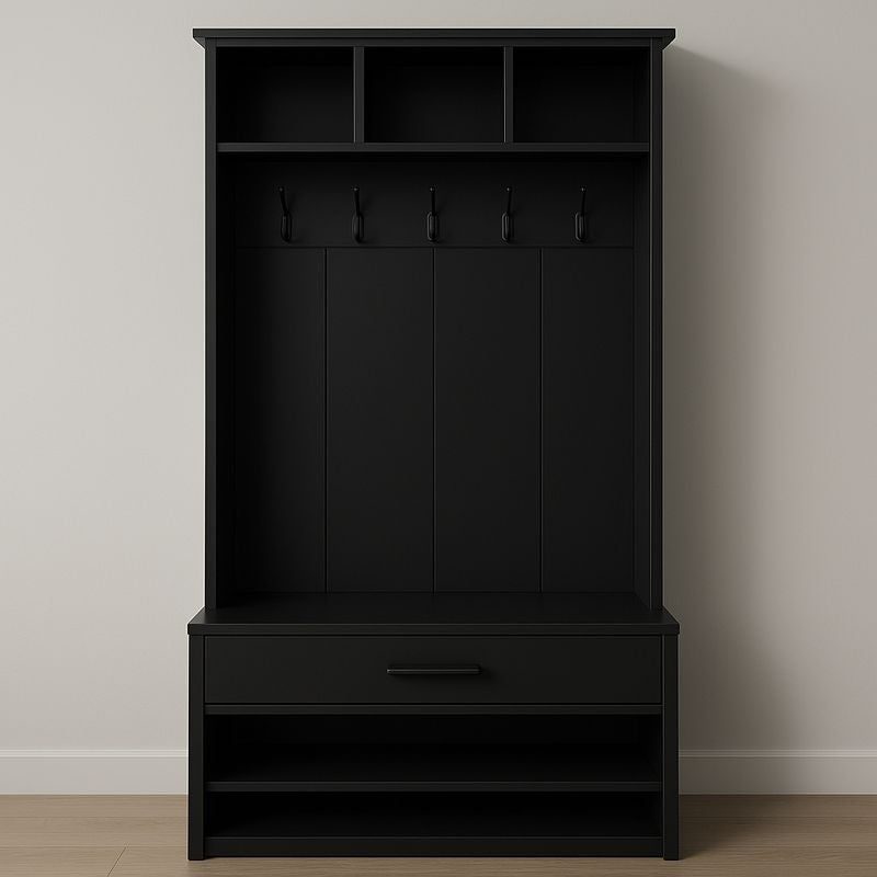 Armoire d'entrée noire avec crochets et rangements 180x100x45 cm en bois composite