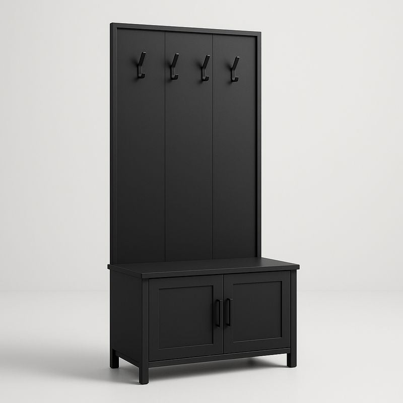 Portemanteau avec Coffre Noir en Bois avec 4 Crochets