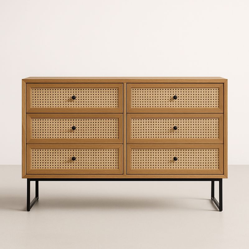 Commode en bois et rotin avec pieds en métal noir