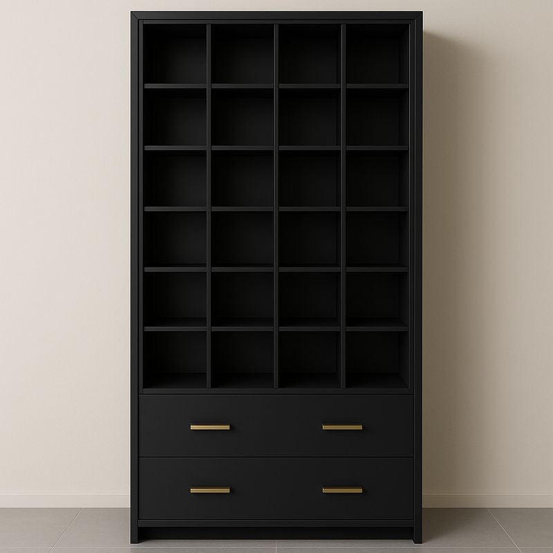 Bibliothèque haute bois MDF noir 25 étagères 2 tiroirs 190x120x35 cm