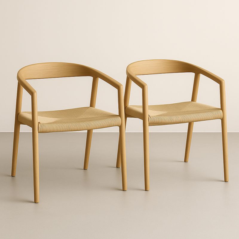 Lot de 2 chaises en bois avec assise en rotin, couleur Beige