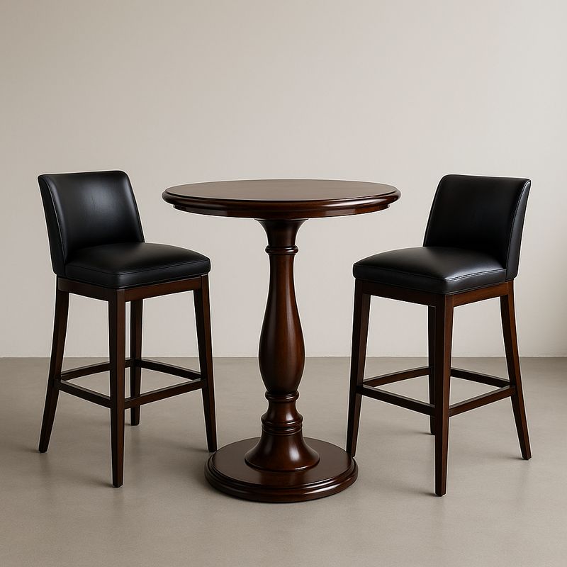 Ensemble table haute ronde en bois et 2 chaises en cuir synthétique