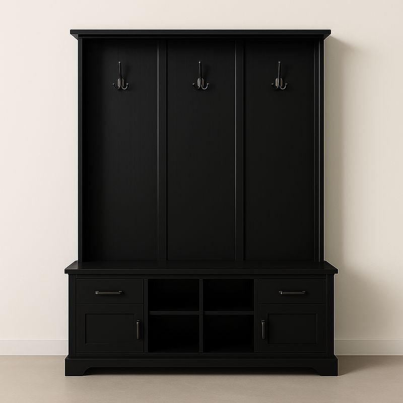 Vestiaire d'entrée avec banc et crochets noirs en bois d'ingénierie