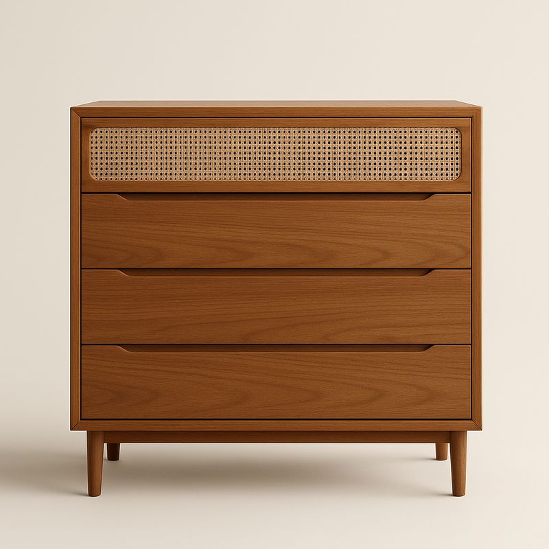 Commode en bois de hêtre à 4 tiroirs avec façade en rotin 90x80x45 cm