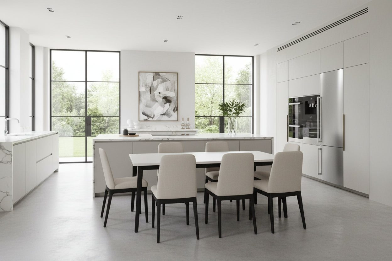 Ensemble de Table et 5 Chaises Hêtre et Tissu Blanc/Beige