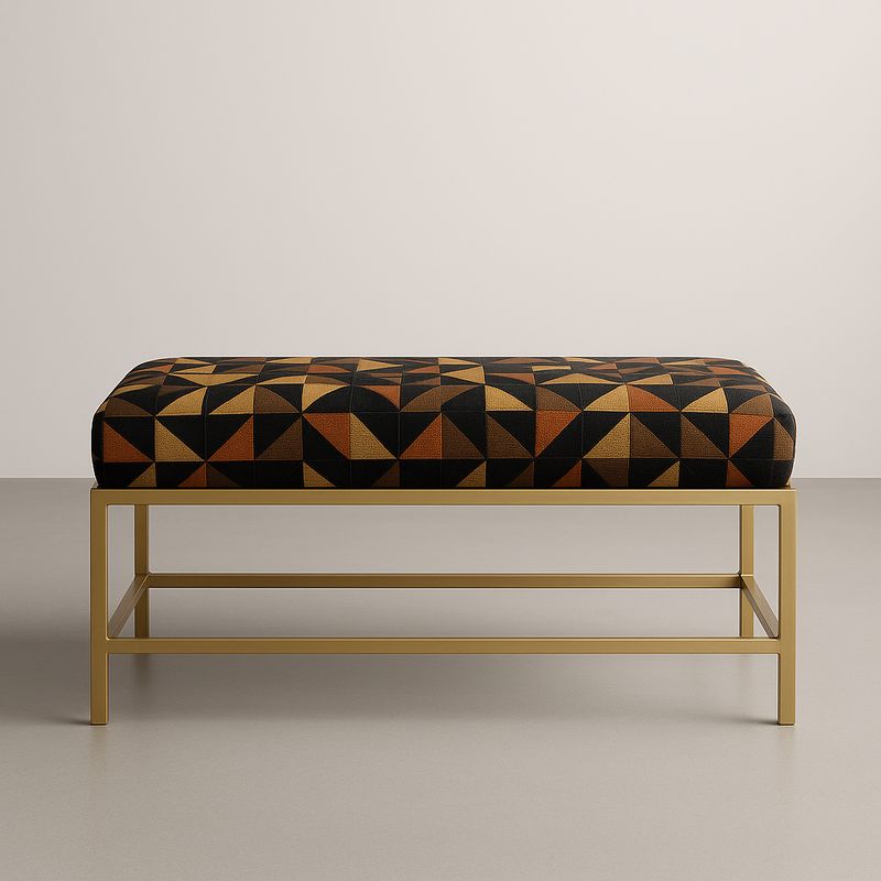 Banc rectangulaire en tissu polyester avec motifs géométriques et cadre en métal doré