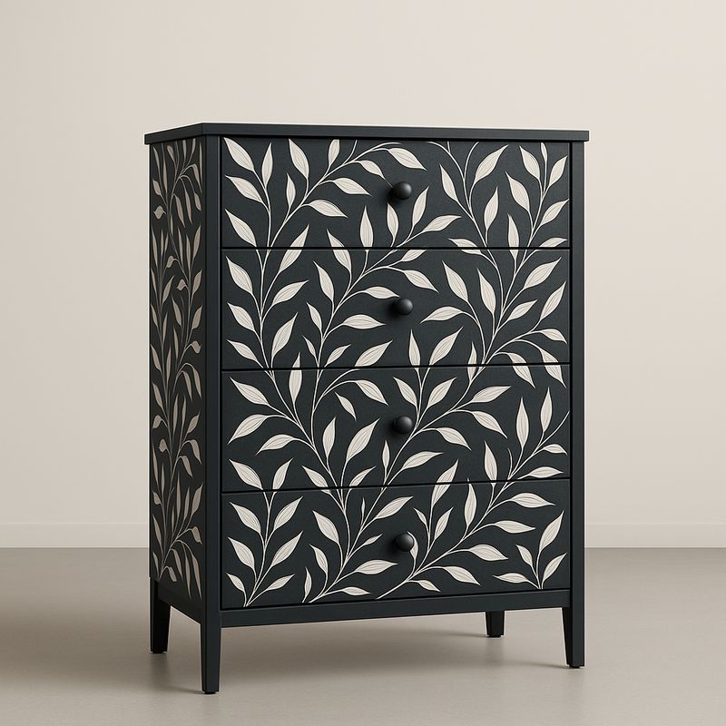 Commode en bois à quatre tiroirs motif feuillage Noir/Blanc 90x75x40 cm