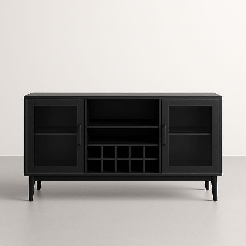 Buffet Noir en Bois avec Portes en Verre Trempé