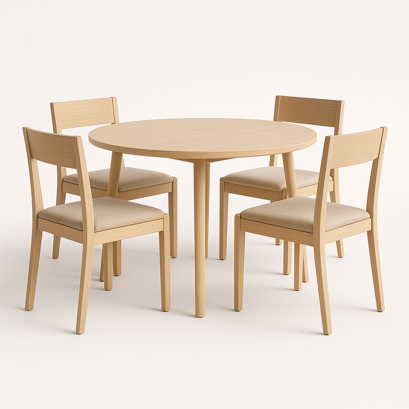 Table ronde en bois avec 4 chaises en tissu beige