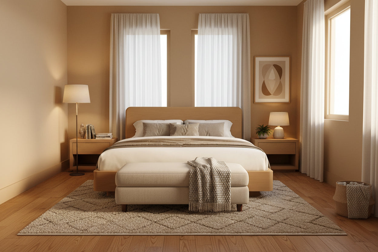 Lit double en bois avec tête de lit et structure 200x160 cm Beige