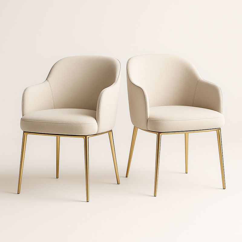 Lot de 2 chaises de salle à manger en tissu polyester avec accoudoirs, pieds en acier inoxydable doré.