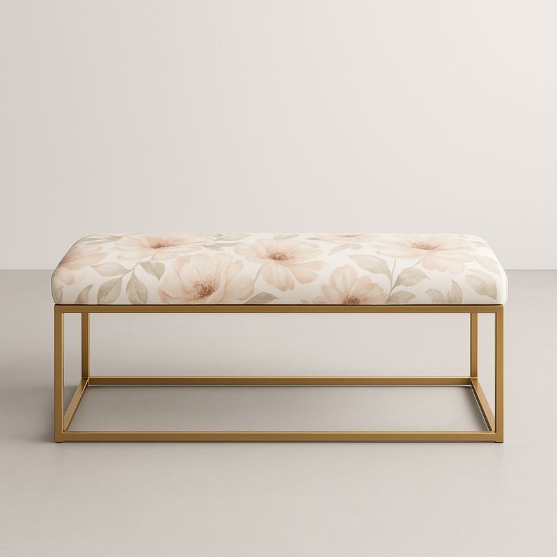 Banc rectangulaire 100x40x45 cm tissu polyester motifs floraux structure en métal doré