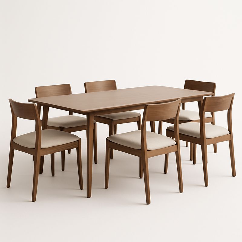 Table à manger rectangulaire avec 6 chaises en bois et tissu beige
