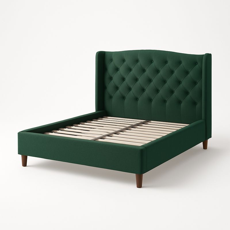 Lit double en velours vert avec tête de lit capitonnée et pieds en bois, 200x160 cm