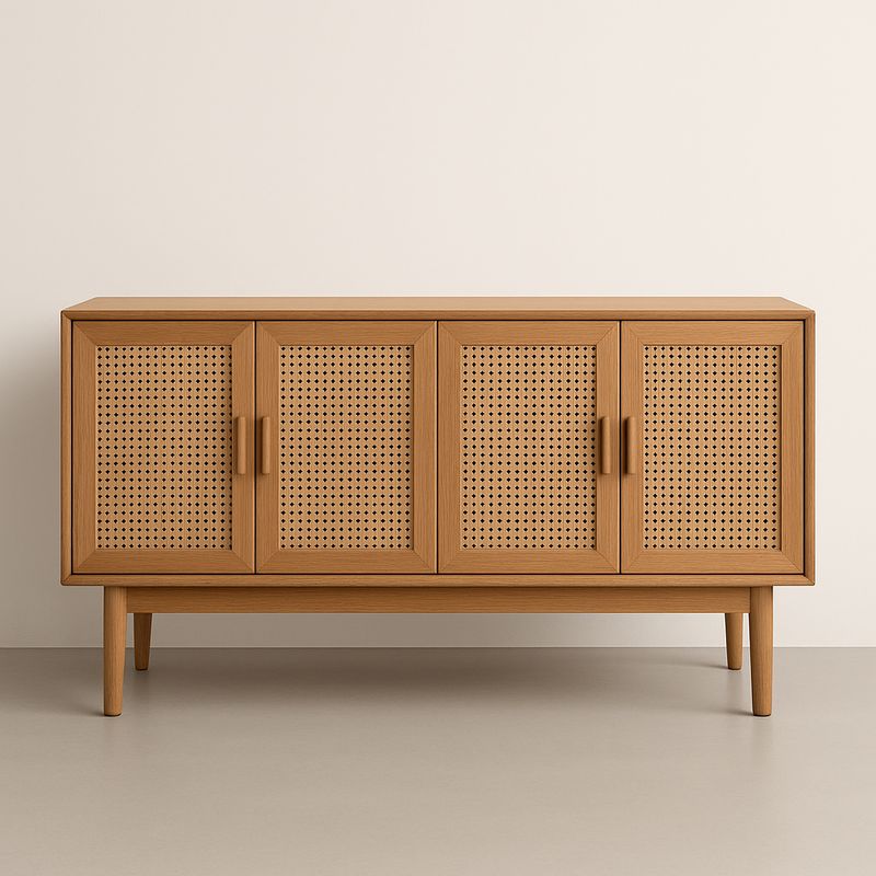 Buffet rectangulaire en bois et rotin 4 portes H80xL180xP45cm